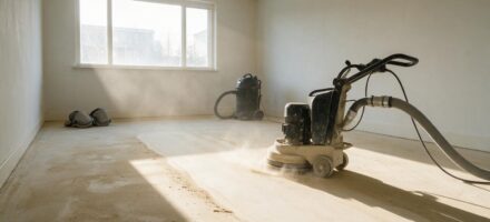 Schuurmachine met stofafzuiging haalt de sinterlaag van een anhydrietvloer